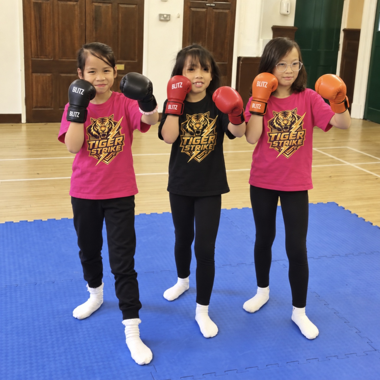 Three Tiger Strike students standing in gloves on the training mat