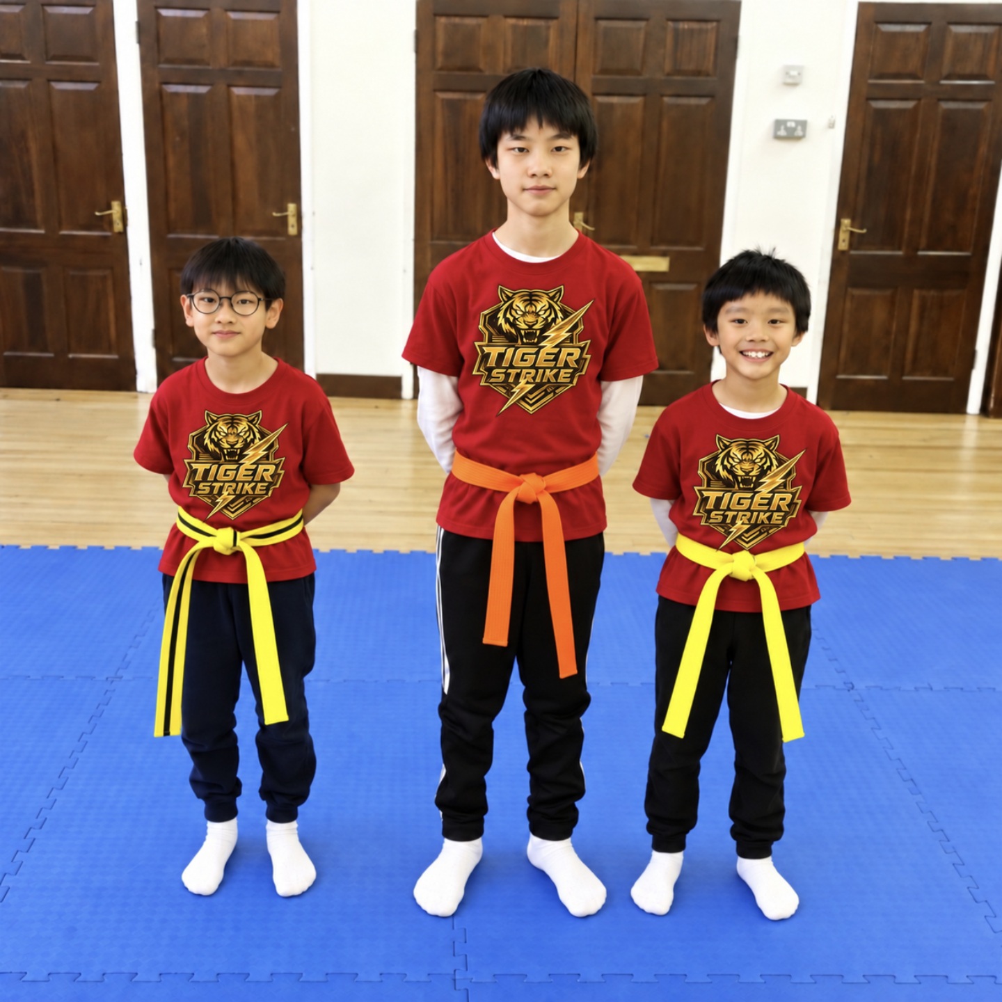 Three Tiger Strike students standing together on the training mat